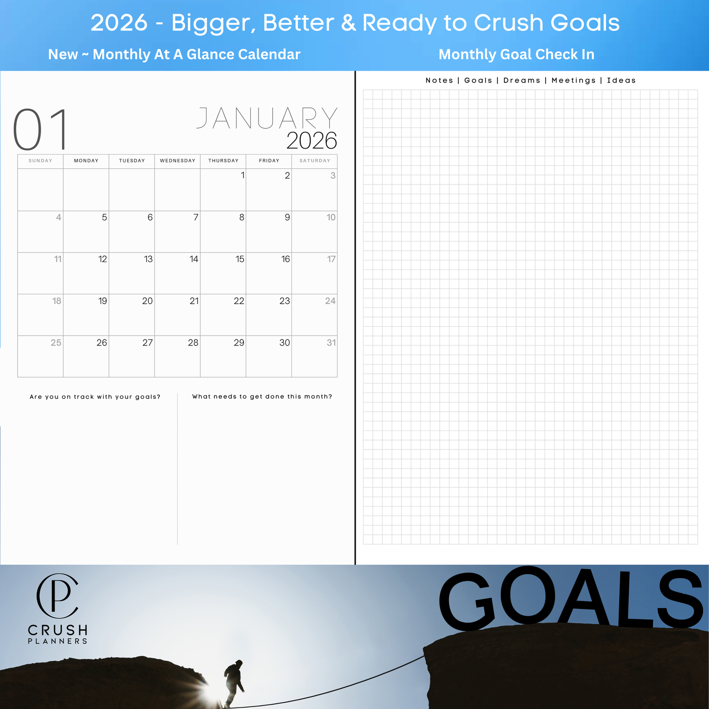 2026 Goal Setting Day Planner - Blue Linen Cover