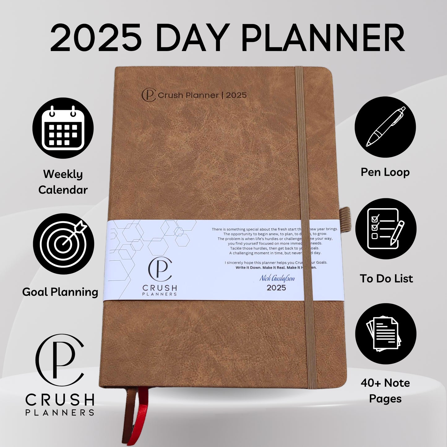 Luxury 2025 Goal Setting Day Planner - Hardcover High End _ Brown Vegan Leather Cover