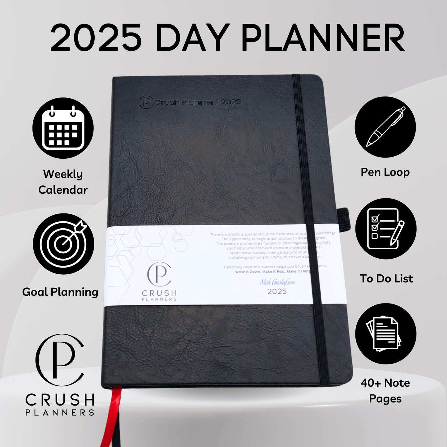 Luxury 2025 Goal Setting Day Planner - Hardcover High End _ Black Vegan Leather Cover