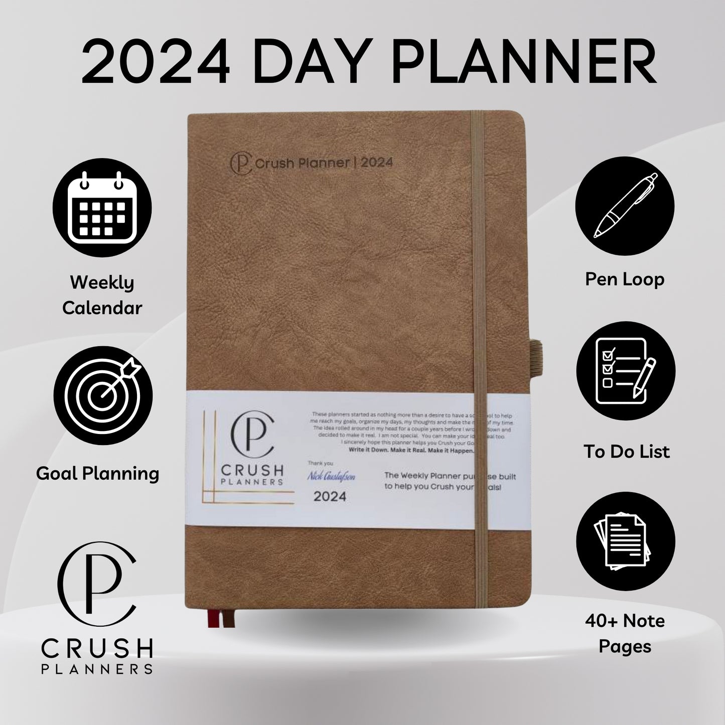 Luxury 2024 Goal Setting Day Planner - Hardcover High End _ Brown Vegan Leather Cover