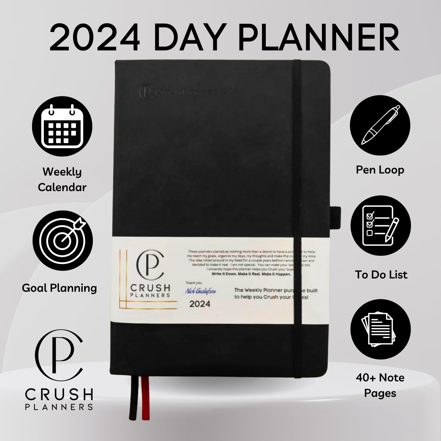 Luxury 2024 Goal Setting Day Planner - Hardcover High End _ Black Vegan Leather Cover